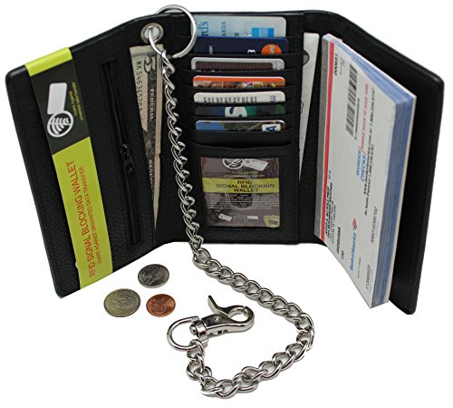 RFID Blocking Steel Chain Trifold Wallet 212 Biker,Trucker,Motorcycle Cow Leather Long Checkbook