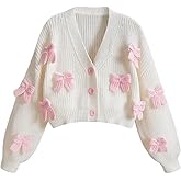 Womens Bow Cropped Cardigan Sweater Long Sleeve V Neck Button Down Chunky Knit Loose Crop Tops
