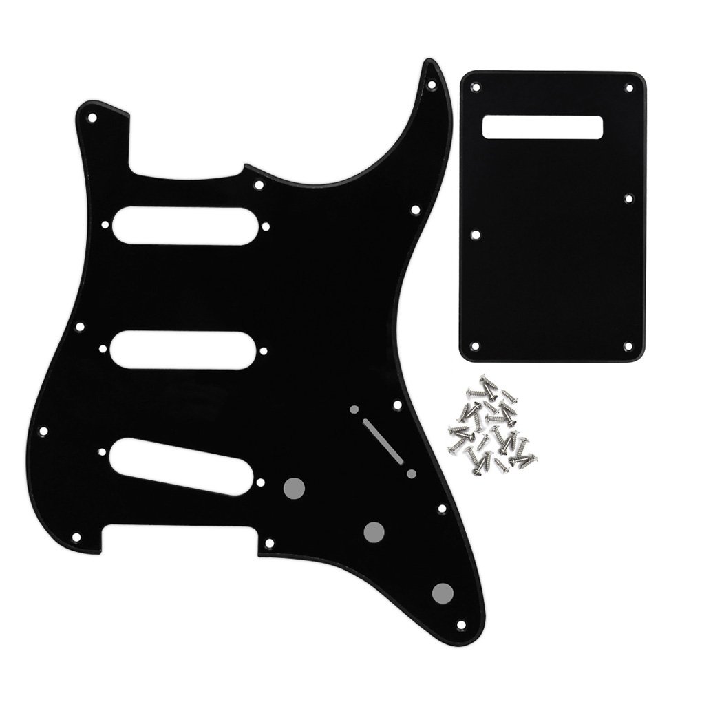 FLEOR Set of Electric Guitar SSS Style Pickguard with Back Plate Mounting Screws for USA/MEX ST Guitar Part,1Ply Black