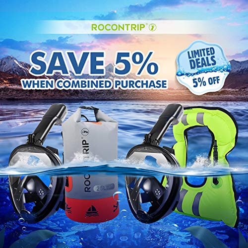 ROCONTRIP Full Face Snorkel Mask, Free Breathing 180° Panoramic View Diving Mask, Anti-Fog Anti-Leak and Adjustable Head Strap Snorkeling Mask for Men Women Adult (Black, L/XL) - Thumbnail 6