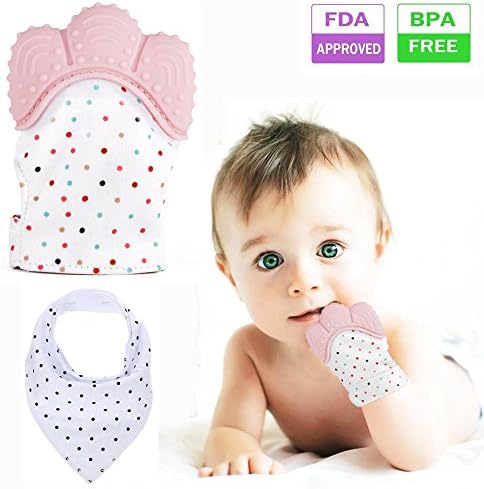 FITARTS Teething Mitten Baby - Soothing Teether Mitten Teething Toys Glove for Babies BPA Free Safe Food Grade Silicone Drool Bibs Included 2018 New Gift for Baby (Pink 1pc)