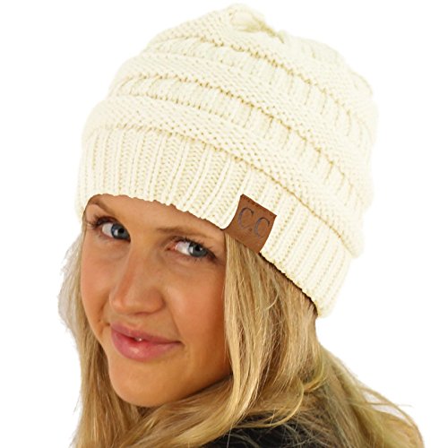 Unisex Winter Chunky Soft Stretch Cable Knit Slouch Beanie Skully Hat Cap Ivory