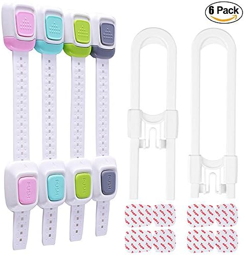 6 Pack Baby Safety Cabinet Locks,Latches to Bady & Child Proof Cabinets,Dresser,Drawers,Oven,Fridge,Toilet Seat,No Drill,Extra 8 Packs 3M Adhesive,Adjustable Strap(4 New+2B)