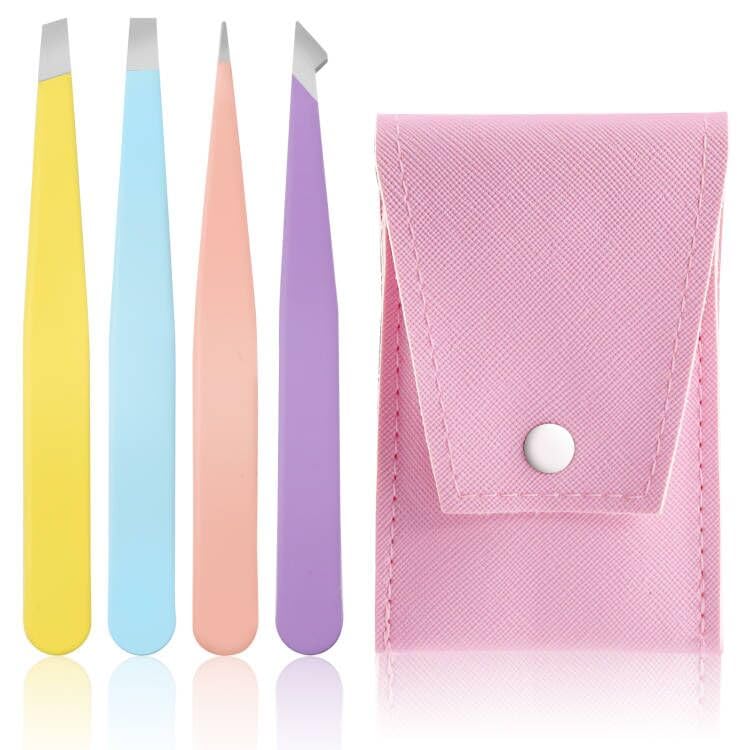 Swpeet 4-Piece 3.79 Inches Multi-Color Stainless Steel Tweezer Kit with Leather Travel Case, Professional Slant Pointed Precision Eyebrow & Facial Hair Tweezers