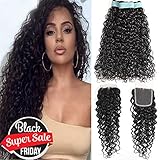 Water Wave 4 Bundles with Closure 8A Unprocessed Virgin Brazilian Hair 100% Human Hair with Closure Free Part Natural Color (20 22 24 26+18, Natural Color)