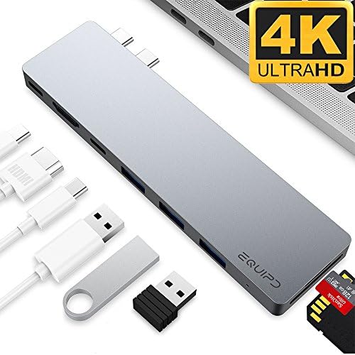 4K HDMI Combo Hub Adapter for MacBook Pro 13" &amp; 15" 2016/2017, EQUIPD Aluminum 8 in 1 USB Type C Charging Port, Thunderbolt 3 port, MicroSD/SDHC/SDXC Card Reader, 3 USB 3.0 Ports - Grey