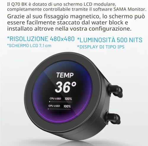 Dissip. Liquido SAMA Q70 360mm, LCD 2.8, Intel/AMD, Type-C, Nero