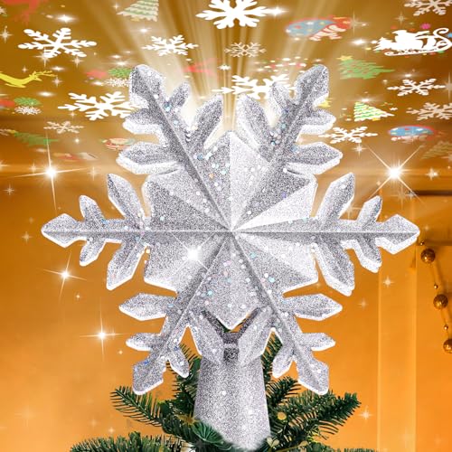 Mrrihand Christmas Tree Topper Lighted with 6 Projection Modes, Built-in 360° LED Rotating Projector Christmas Tree Star, 3D Snowflake Design for Xmas Holiday Christmas Tree Decoration-Silver