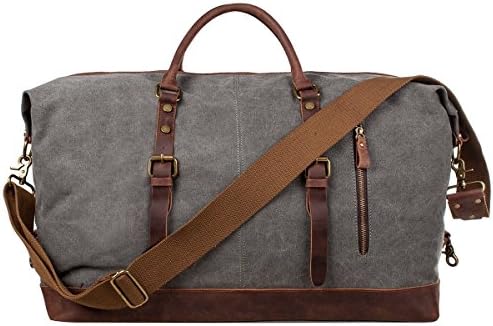 AIDERLY Oversized Canvas Genuine Leather Travel Tote Duffel Shoulder Handbag Weekend Bag (Gray)
