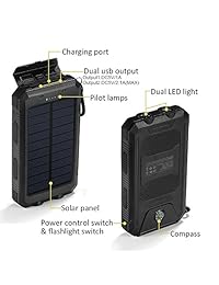 Cargador solar, 10000 mAh Solar Power Bank Cargador de batería portátil Teléfono con 2 linternas LED, panel solar con brújula y mosquetón para iPhone y Android teléfonos celulares, Negro