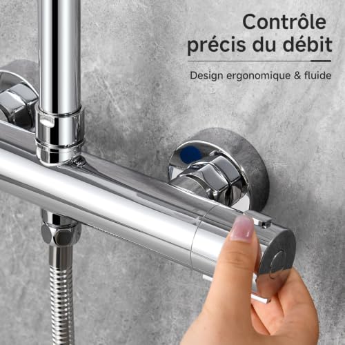 Auralum Round Thermostatic Shower Mixer Tap Zinc and Plastic Thermostatic Shower Column, Anti-Burning Cold Body, Anti-Limescale Shower Faucet, Precise Temperature Control 38°C