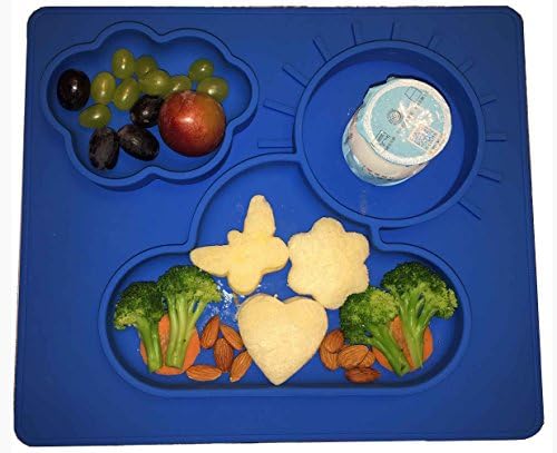 PloveS One Piece all-in-one Silicone Baby Feeding Placemat and Plate Mold Tray, Dinner Dish with Cloud and Sun Design dinnerware for babies, toddlers and kids (Deep Blue)