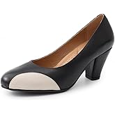 Mona flying Womens Retro Dress Pumps 7cm Chunky Heel Leather Dressy Shoes for Ladies