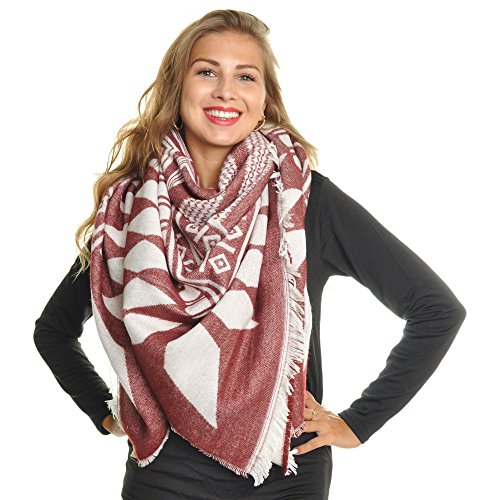 Angelina Womens Tribal Print Blanket Scarf with Fringe Edge #1062_WINE