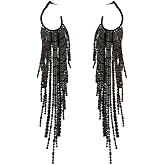 Black Rhinestone Long Tassel Earrings for women.Crystal Chandelier Fringe Drop Earrings Zircon Strand Earrings Fashion Jewelry Gifts for Female