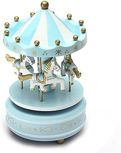 "Light Blue 1Pc " Wooden + Plastic Merry-Go-Round Carousel Music Box Christmas Birthday Gift Toy Set107