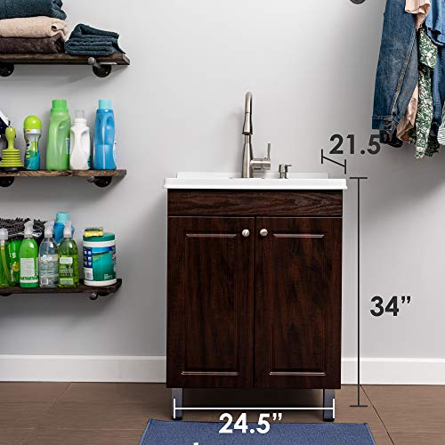 Utility Sink Laundry Tub With Cabinet In Brown, High Arc Stainless Steel Faucet, Storage Vanity With Slow Closing Doors, Large Washtub for Cleaning and Washing, Sinks for Garage, Basement, Work Room
