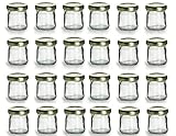 PremiumVials 24 pcs, 1 oz Mini Glass HONEY Jars for Jam, Honey, Wedding Favors, Shower Favors, Baby Foods, DIY Magnetic Spice Jars (24, 1 oz Honey w/Gold Lids)