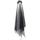 Fuyage Halloween Gothic Black Veil Headband with Black Skull Flowers, Costume Party Accessory