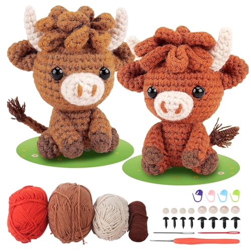 2Pcs Highland Cow Crochet Kit for Beginners,Crochet Starter Kit with Step-by-Step Video Tutorials,Yarn and Hook,Amigurumi DIY Craft Gift for Kids and Adults,Help Improve Focus