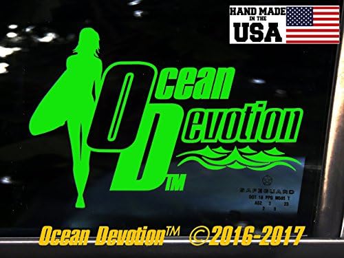Surf Girl V4-1 “Ocean Devotion™” Vinyl Decal/Sticker 8w x 4h inches - Salt Life, Reel Life, Beach Life, Sea Life, Surf, Surfing, Fishing, Automobile, Car, Truck, Boat, Window