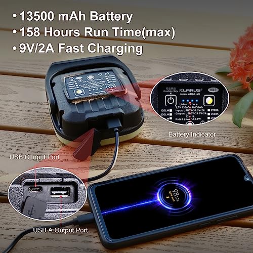 KLARUS WL3 Camping Lamp, 13500 mAh High-Capacity Rechargeable Work Light, 1500 Lumen Camping Lantern, 6 Modes, Magnetic Base, Hook Function, Night Fishing, Emergency, Workshop, etc.