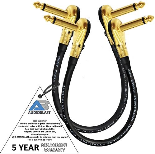 2 Units - 9 Inch - Audioblast HQ-1 - Ultra Flexible - Dual Shielded (100%) - Instrument Effects Pedal Patch Cable w/Low-Profile, R/A Gold Pancake TS (6.35mm) Plugs & Dual Staggered Boots