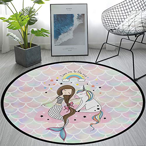 Round Area Rug Non-Slip Large Circle Rugs for Living Room Bedroom Beautiful Modern Microfiber Soft Carpet Machine Washable Floor Mat Home Decor 3-Feet Diameter (Mermaid Unicorn)