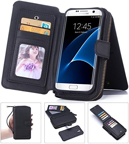 Galaxy S7 Edge Case, Bellivin 11 Card Holder Large Capacity Zipper Clutch Case with Magnetic Detachable Folio &amp; Mirror, Premium Vegan Leather Wallet Purse for Samsung S7 Edge (Nubuck Black S7 Edge)