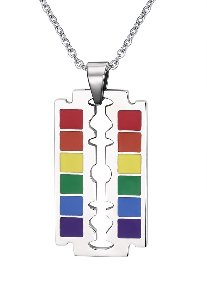 VNOX Couples Gay Lesbian Necklace Stainless Steel Blade Shape Rainbow Pride Necklace Pendant with Free Chain 60cm,Valentine's Day Gift