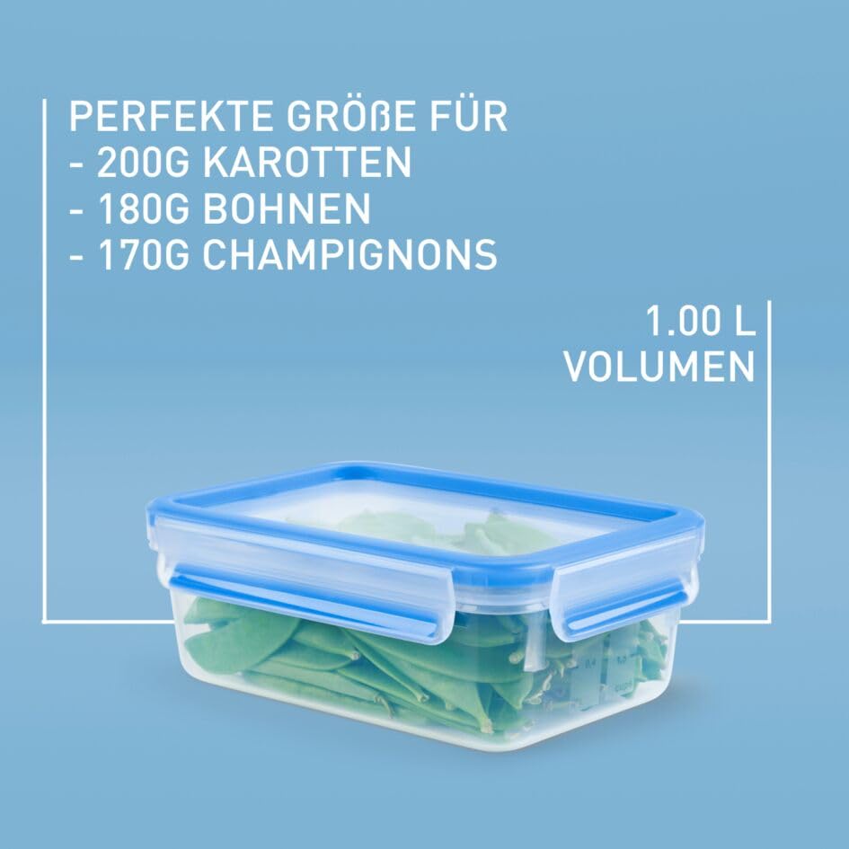 EMSA Clip & Close Frischhaltedosen-Set, rechteckig, 3 x 1 L, mit Deckel, Aufbewahrungsboxen, 100 Prozent dicht, spülmaschinen-, gefrier-, mikrowellenfest, Transparent, Blau, Made in Germany, N10313 3