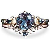 LELOUCHY 10K 14K 18K Rose Gold 2CT Gemstone Engagement Ring Set for Women 925 Sterling Silver 8mm Round Gemstone Triple Moon Goddess Art Deco Bridal Wedding Ring Set (Size 4-15)