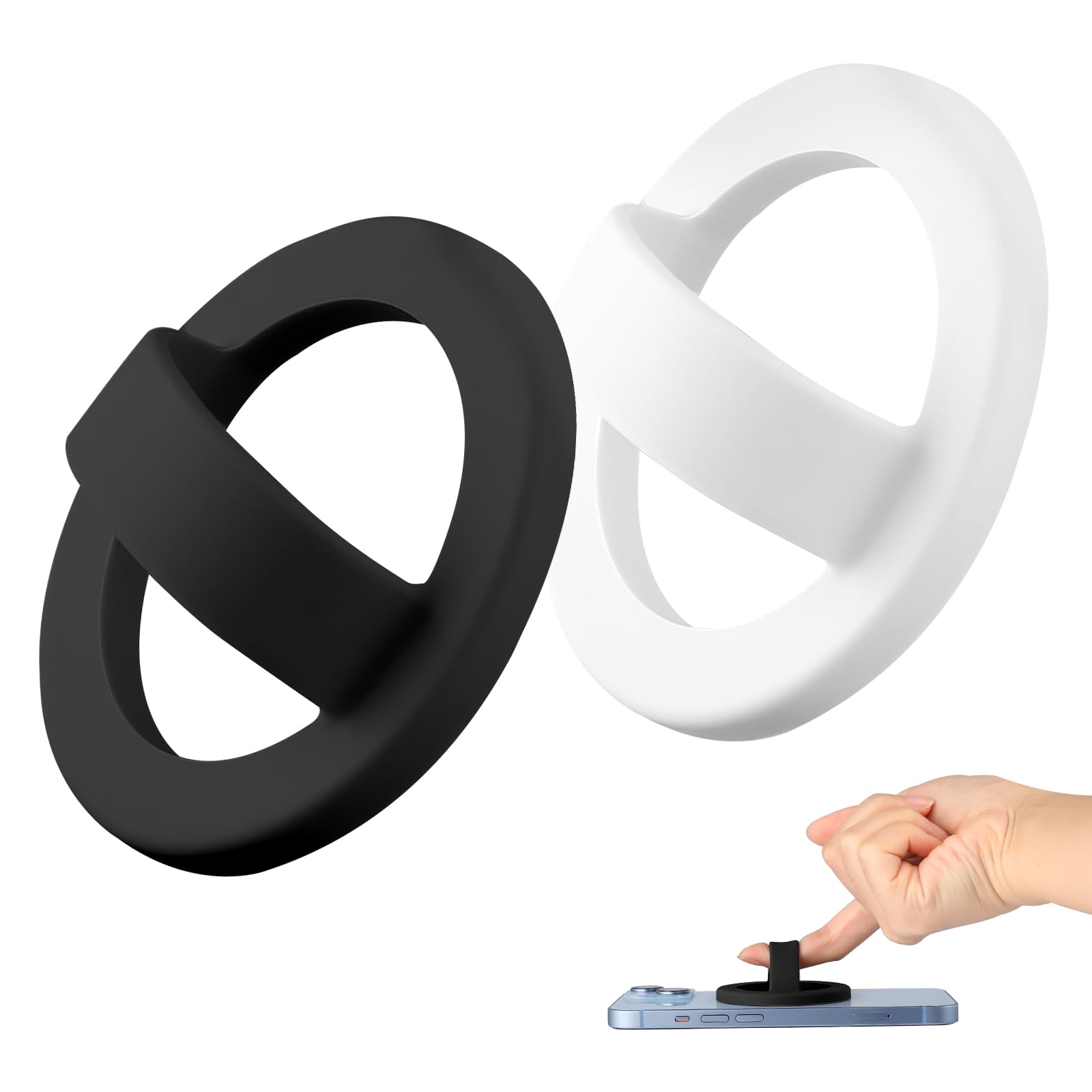 2 PCS Silicone Magnetic Phone Grip Holder Loop Grip Phone Holder Easy to Install and Remove Compatible with Magsafe for iPhone 16/15/14/13/12 Series(Black and White