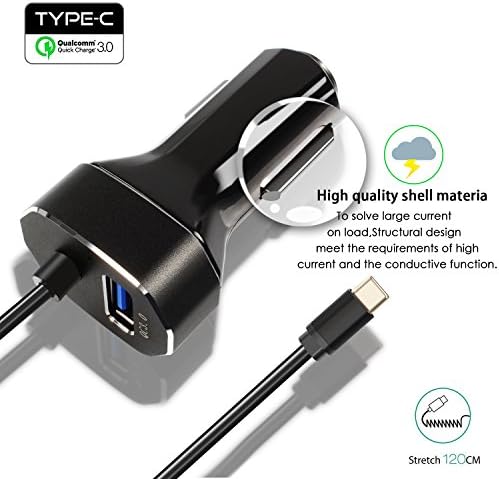 30W 2 Ports USB Type C Car Charger,[USB QC 3.0 Port + Built-in Type-C USB C Adapter Charging Cable] for Samsung,Google Pixel XL,Nexus 5X 6P,MacBook 12" iPhone,Galaxy S7 S6/Note 5,HTC 10 - Black