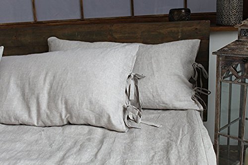 Queen linen pillow sham cover with bow ties, in natural color, 20 X 30", 100% linen - Thumbnail 2
