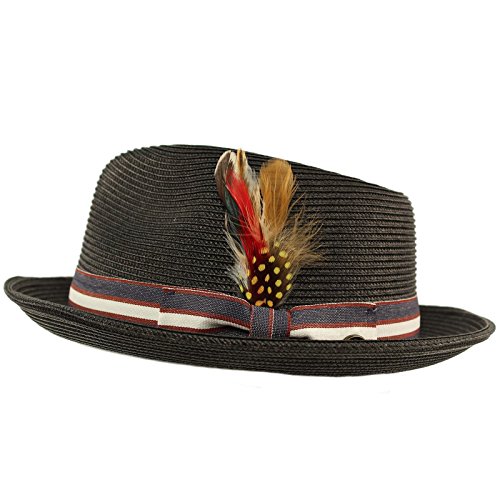 Men's Stripe Band Removable Feather Derby Fedora Curled Brim Hat L/XL