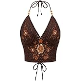 SHENHE Women's Open Back Knitted Halter Crop Top Tie Backless Embroidered Hippie Top