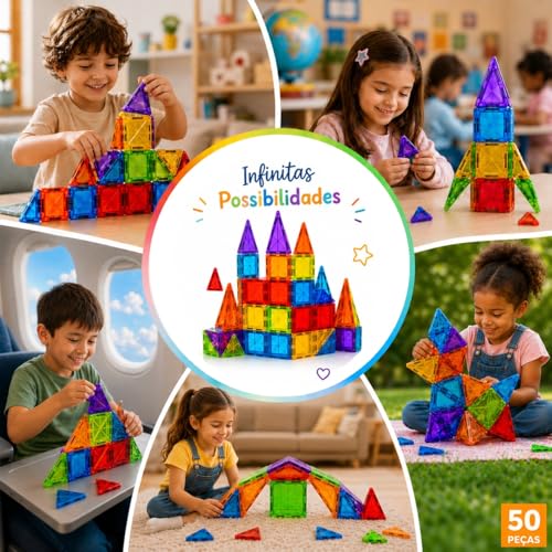 Blocos Magnéticos Infantil 50 Peças Coloridas Translúcidas de Montar, Brinquedo Didático Construção 2D 3D Educação STEM, Desenvolvimento Cognitivo, Criatividade, Coordenação Motora, Raciocínio Lógico