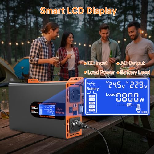 SolaYnc 4000W/8000W 24V 220V/230V Pure Sine Inverter DC AC Sine Wave Inverter, with LCD Display, Remote Control, 2 EU AC Sockets, Type-C 30W Interface and USB Port, for Cars, Boats, Trucks