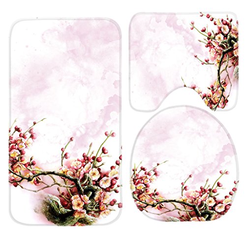 Flowers Oriental Spring Sakura Fleur Flower Pink Blossoms Painting Watercolor Floral Bath Mat Set,3 Piece Bathroom Mats Set Non-Slip Bathroom Rugs/Contour Mat/Toilet Cover by TEYAYA