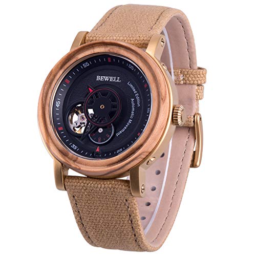 BEWELL Wooden Watches Mens Automatic Machanical Self-Winding Wood Bezel Canvas Leather Band (Olive Wood)