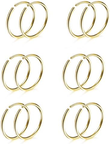 Thuanaraz Thunaraz 6 Pairs Non Pierced Stainless Steel Fake Nose Ring Septum Lip Helix Cartilage Tragus Ear Clip Hoop Rings 20G Gold-tone