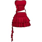 SweatyRocks Women's Y2k 2 Piece Outfits Ruffle Trim 3D Floral Tube Top and Layered Skirt Set