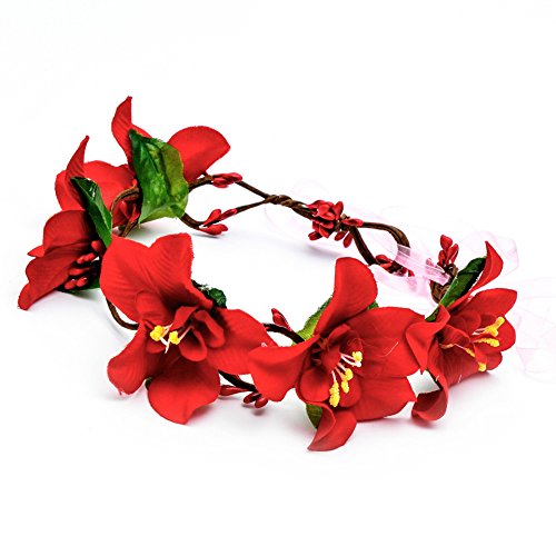 Love Sweety Lily Flower Crown with Adjustable Ribbon for Wedding HH9 (Red)