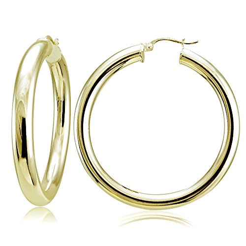 Hoops & Loops Flash Plated Gold Sterling Silver 5mm High Polished Round Hoop Earrings, 35mm