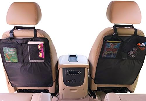 Grove Travel Back Seat Organizer and Protector 2 Pack, Extra Thick Black, With iPad Holder, Large Storage Pockets For Kids, Waterproof Kick Guards to Protect Your Leather Upholstered Seats