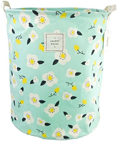 19.7" Large Sized Waterproof Coating Ramie Cotton Fabric Folding Laundry Hamper Bucket Cylindric Burlap Canvas Storage Basket with Flower Design (Green)