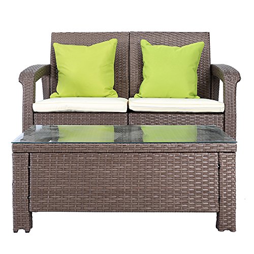 3 PCS Outdoor Patio Set Patio Furniture Wicker Loveseat Garden Outdoor Lawn Rattan Bistro Sofa Set All Weather with Cushion and Table