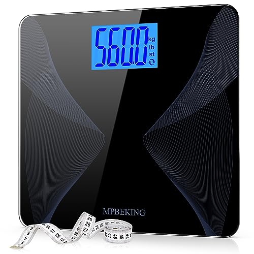 Scale for Body Weight 560lbs MPBEKING High Capacity Bathroom Scales Extra Large Platform Accurate Weighing Scale LCD Backlit Display with Tape Measure & 4 AAA Batteries (Black)