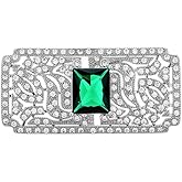 Bohemian Green CZ Rectangle Brooch Pin for Women Silver Plated Dainty Emerald Birthstone Vintage Filigree Geometric Brooches Lapel Pins Dress Accessories Wedding Mother's Birthday Jewelry Gift